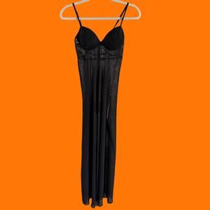 00's vintage sheer black chiffon floral lace y2k maxi slip dress SMALL